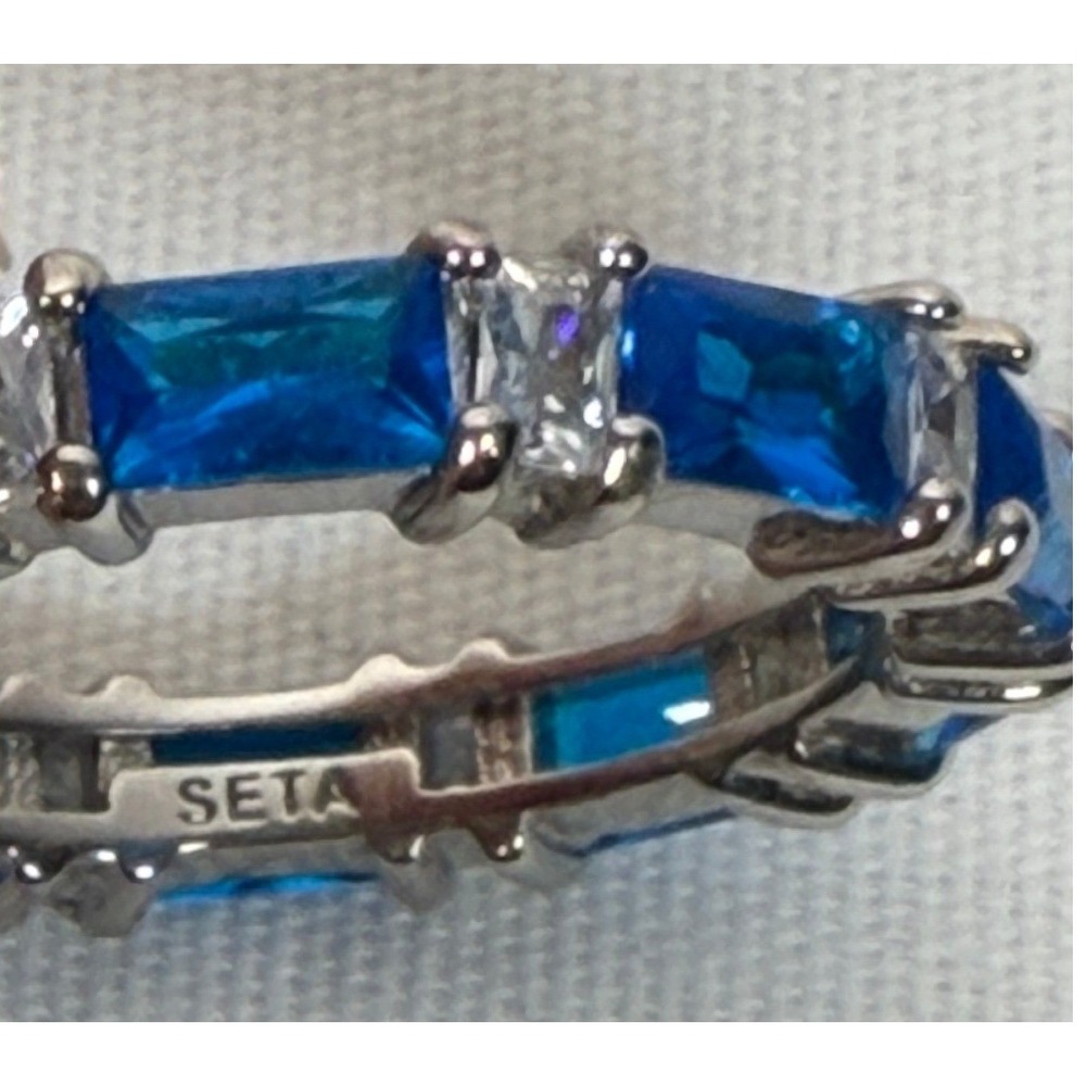 Seta Blue & Clear Eternity Band Ring Silver Tone Baguette Cut Size 9